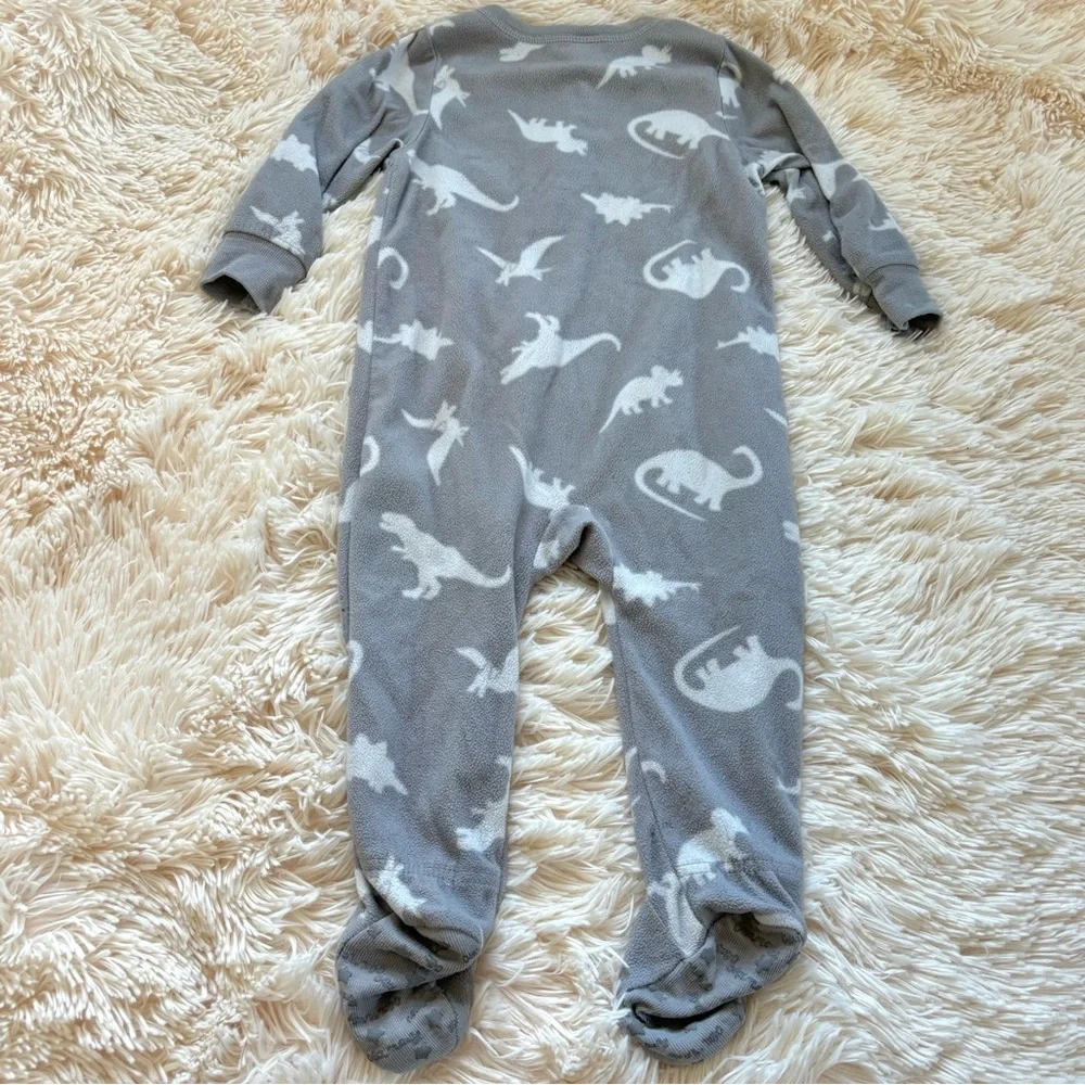 Old Navy Grey Dinosaur Fleece Zip Up One Piece Footed Pajamas 18/24